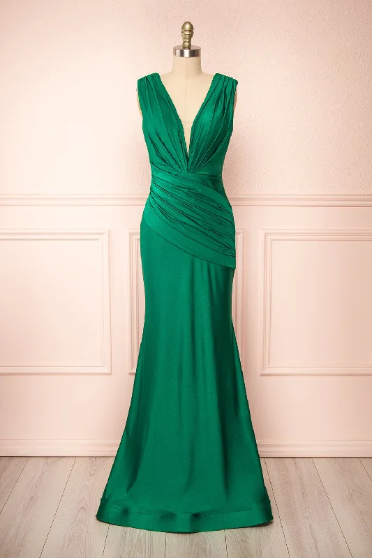Midi dresses with ruched sleeves for a more fitted and stylish arm lookKaya Green | Draped Mermaid Gown