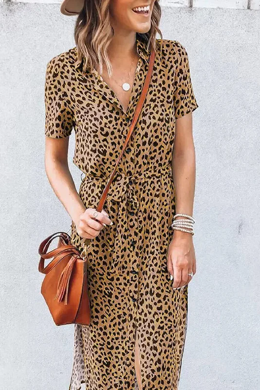 Midi dresses with patchwork patterns for a one - of - a - kind styleKhaki Leopard Turn-Down Collar Slit Midi Dress