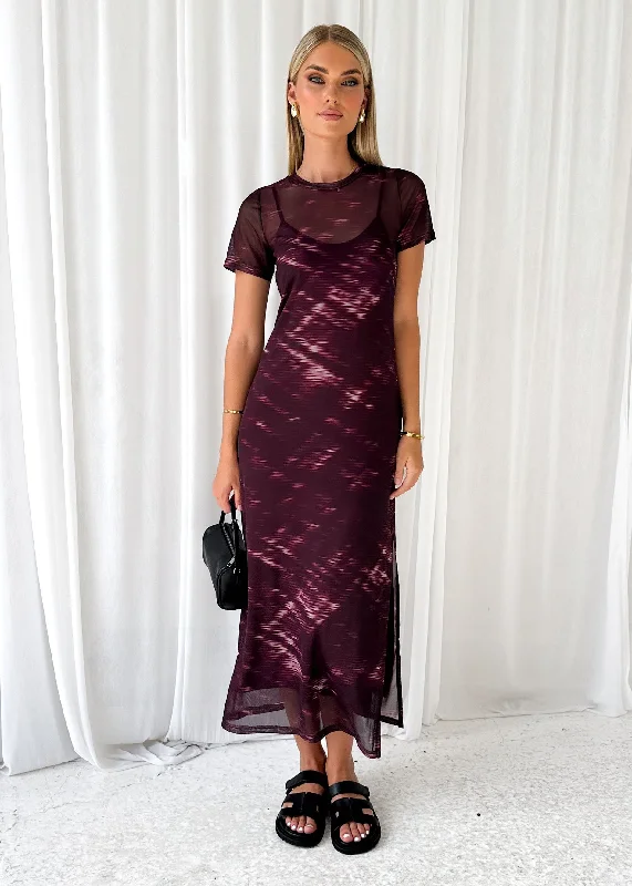 Midi dresses with lace - up fronts for a unique and adjustable styleKierra Mesh Midi Dress - Plum Tie Dye
