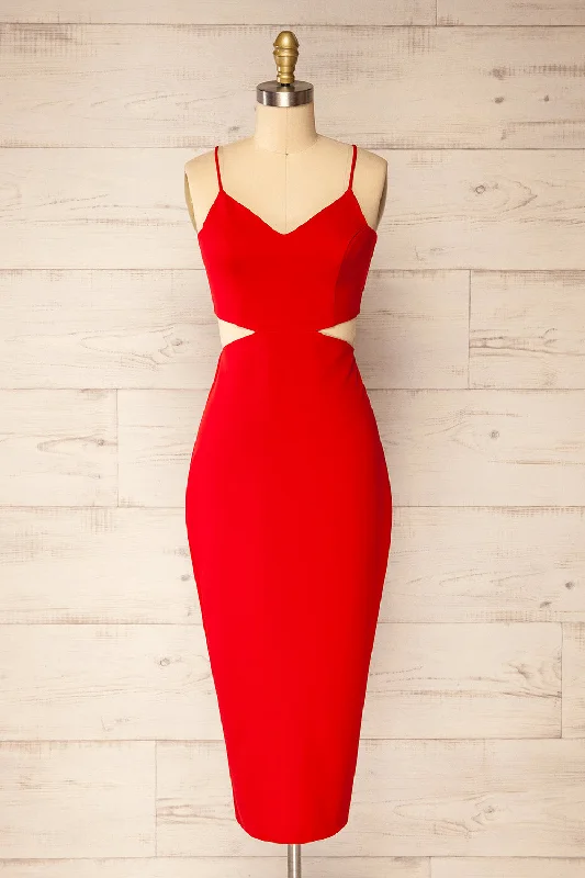 Midi dresses with cold - shoulder cutouts for a trendy styleKomia Red | Fitted Midi Dress w/ Cut-Outs