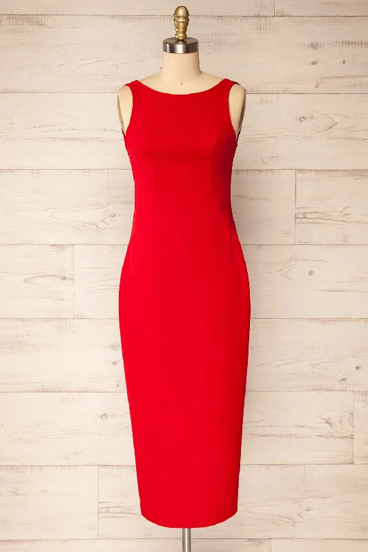 Midi dresses with animal prints for a bold and confident appearanceKovna Red | Fitted Midi Dress w/ Open Back