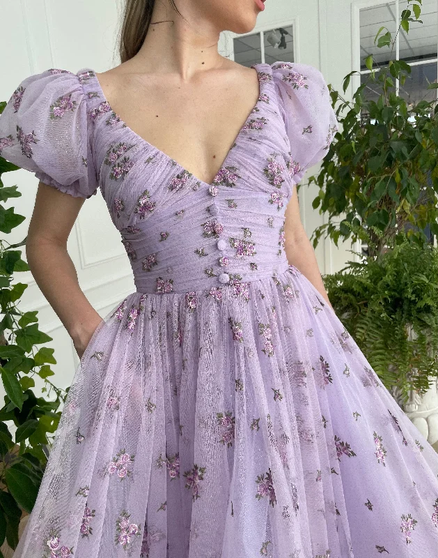 Wrap - style midi dresses in silk for a sophisticated office lookLavender Dreams Dress