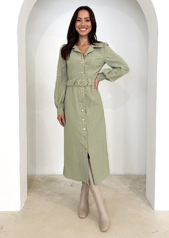 Midi dresses with button - front designs for a classic touchLeila Midi Dress - Olive