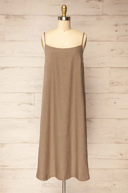 Midi dresses with tiered skirts for a bohemian festival lookLibby Taupe | Oversized Slip Dress w/ Slit