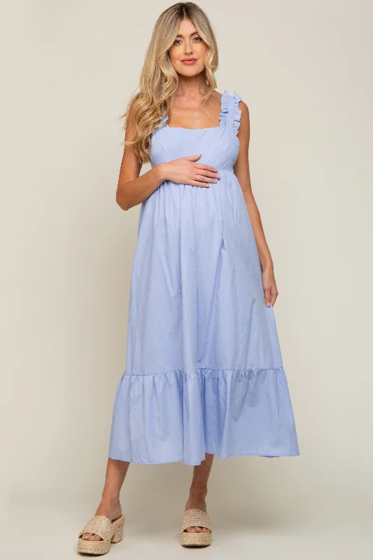 Wrap - style midi dresses in silk for a sophisticated office lookLight Blue Ruffle Accent Back Tie Maternity Midi Dress