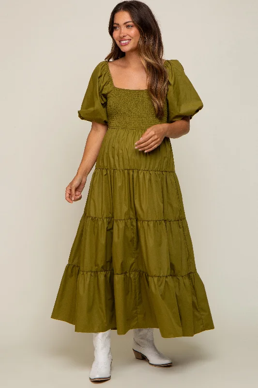 Midi dresses with pleated bodices for a classic and tailored lookLight Olive Square Neck Smocked Puff Short Sleeve Tiered Maternity Midi Dress