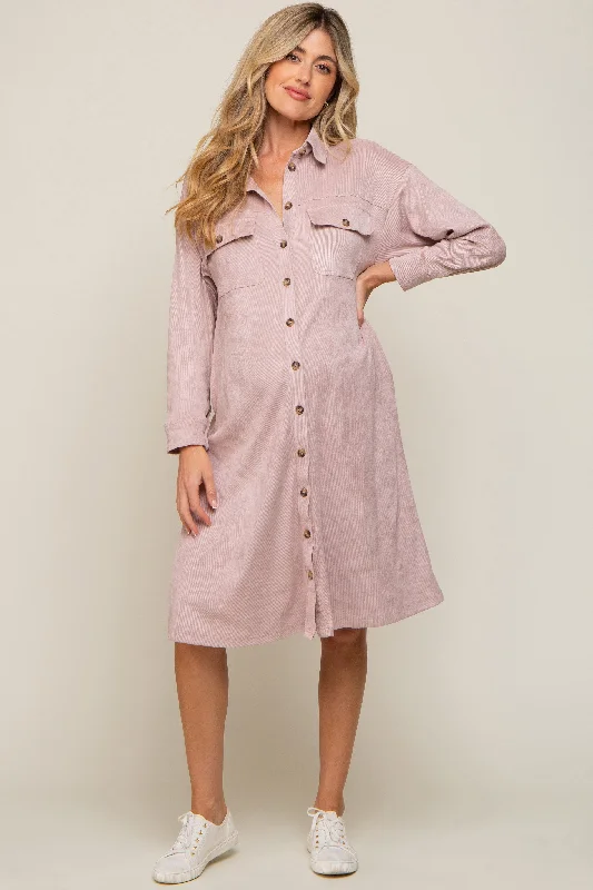 Midi dresses with printed lining for a hidden and stylish detailLight Pink Knit Corduroy Button Down Maternity Midi Dress