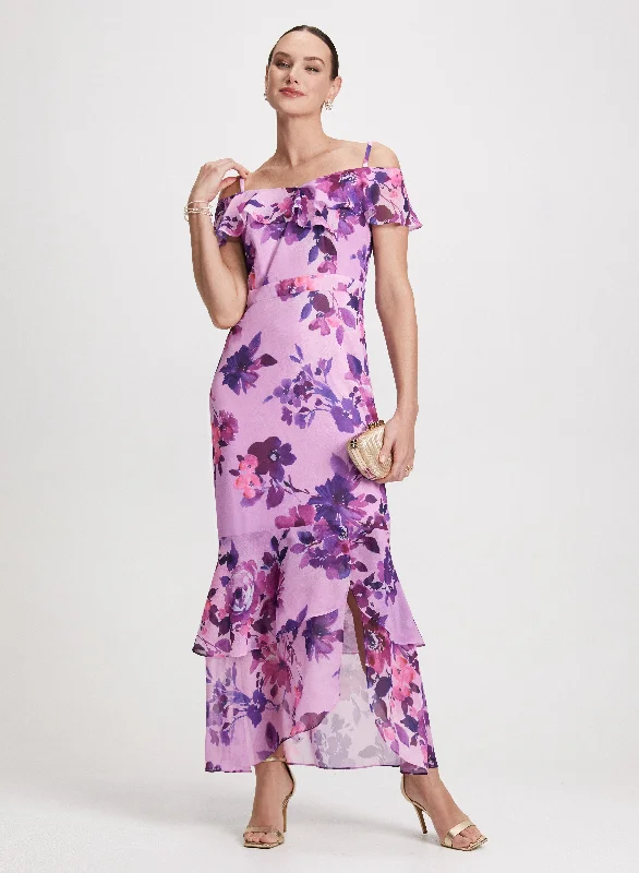 Midi dresses with patchwork patterns for a one - of - a - kind styleLong Floral Chiffon Dress