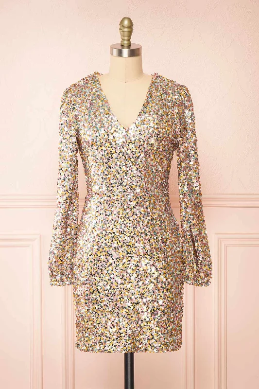 Midi dresses with one - shoulder designs for a modern and asymmetric styleLumiana | Short Fitted Multicolor Sequins Dress