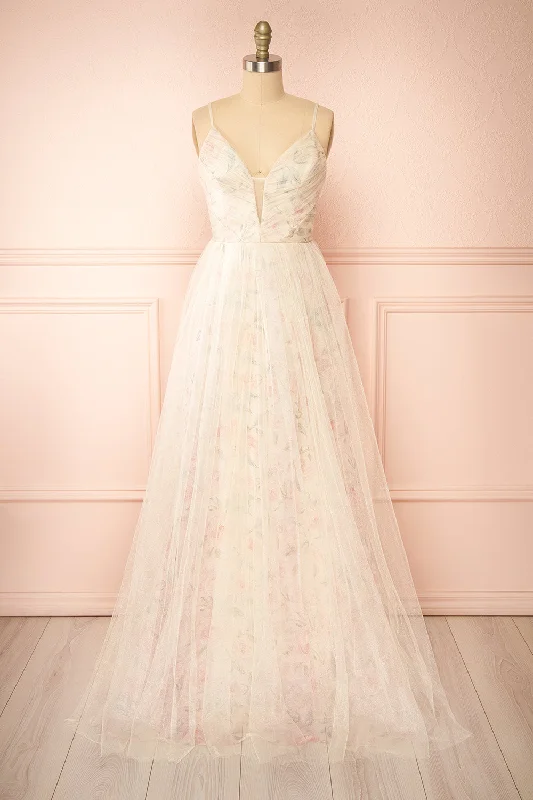 Midi dresses with ruffled sleeves for a more feminine and voluminous lookMajah Beige | Maxi Floral Tulle Dress