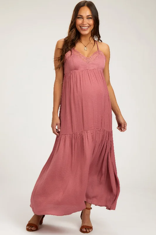 Midi dresses with pleated skirts for a timeless and elegant appealMauve Sleeveless Lace Tiered Maternity Maxi Dress