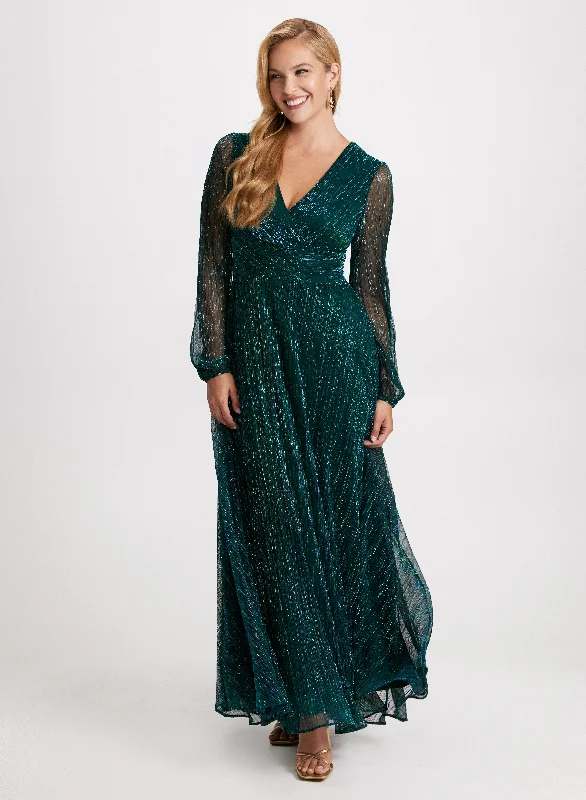 Midi dresses with V - necklines for a flattering and elongating effectMetallic Bouffant Sleeve Dress