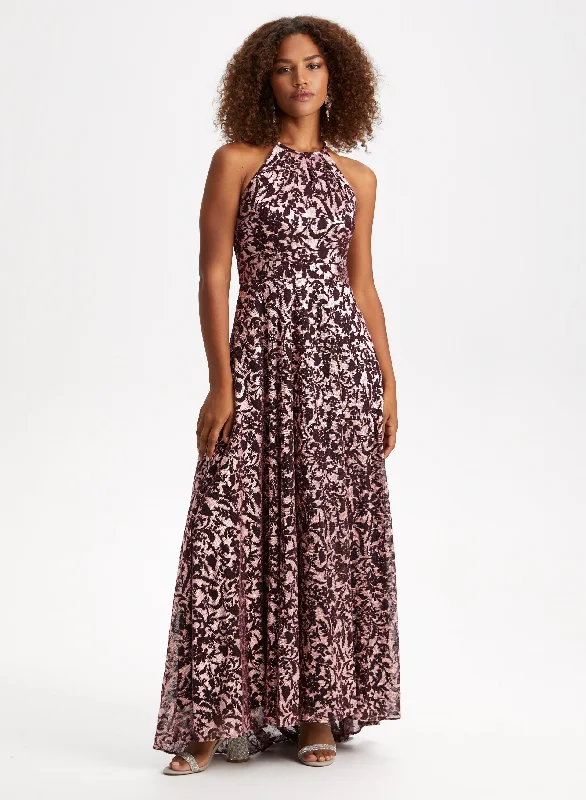 Midi dresses with V - necklines for a flattering and elongating effectMetallic Burnout Halter Neck Dress