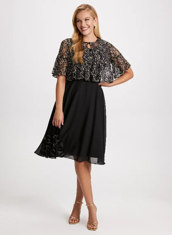 Midi dresses with ruffled bodices for a more pronounced feminine lookMetallic Embroidered Dress & Jacket Set