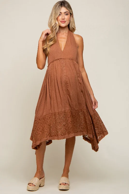 Midi dresses with animal prints for a bold and confident appearanceMocha Lace Accent Halter Maternity Midi Dress