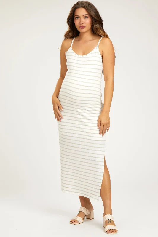 Midi dresses with button - front designs for a classic touchMocha Striped Knit Side Slit Sleeveless Maternity Midi Dress