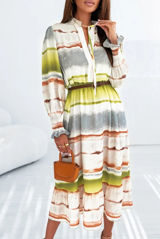 Midi dresses with V - necklines for a flattering and elongating effectTie-Dye Stripe Midi Shirt Dress