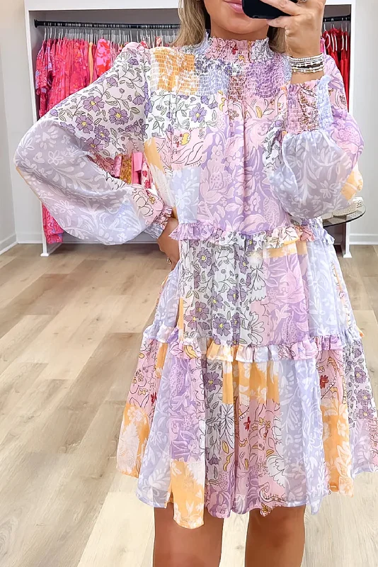 Midi dresses with lace - up fronts for a unique and adjustable styleFloral Ruffle Tiered Bubble Sleeve Dress