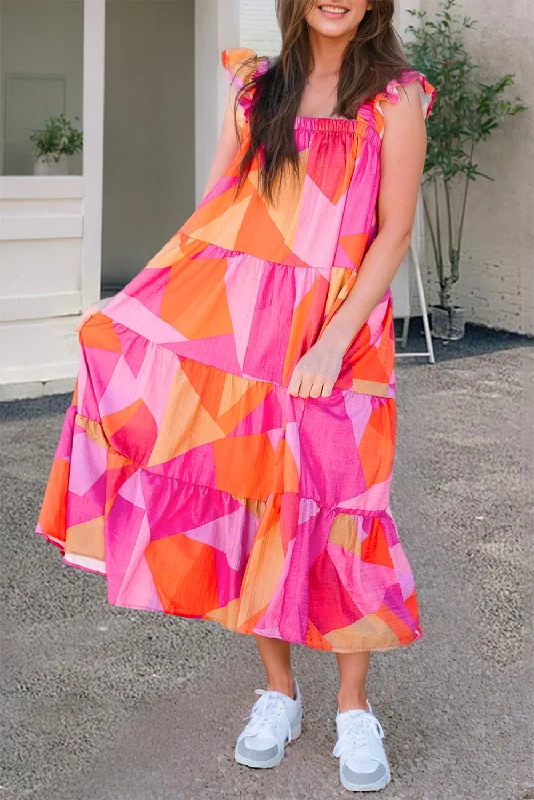 Midi dresses with tiered skirts for a bohemian festival lookMulticolour Geometric Printed Ruffled Straps Tiered Midi Dress
