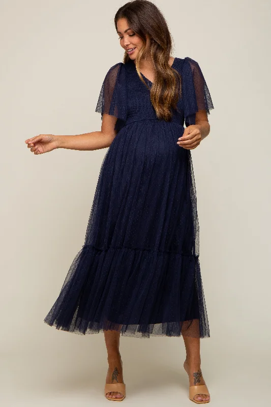 Midi dresses with sheer panels for a touch of allureNavy Blue Dotted Tulle Smocked Maternity Midi Dress