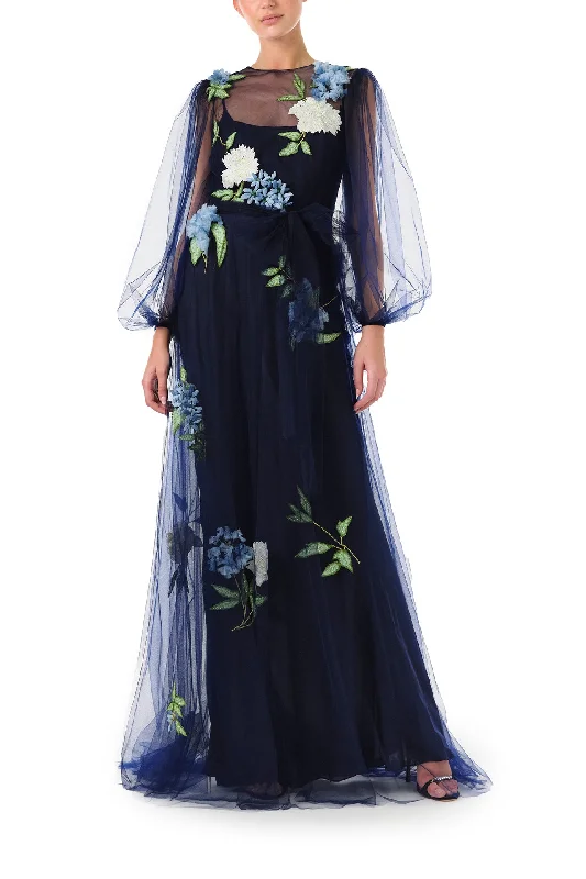 Midi dresses with asymmetric hems for a fashion - forward and dynamic appearancePuffed Sleeve Embroidered Tulle Gown