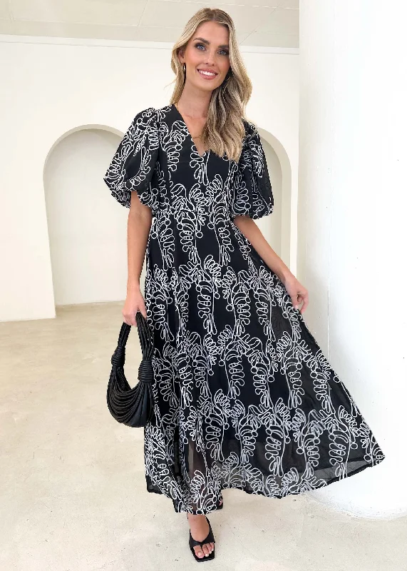Midi dresses with one - shoulder designs for a modern and asymmetric styleNinetta Midi Dress - Black Embroidered