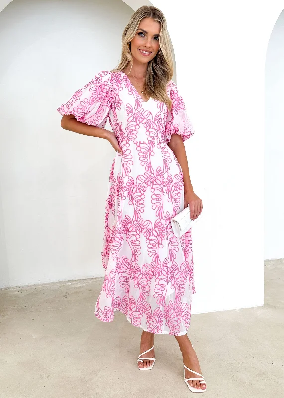 Midi dresses with halter necks for a stylish and comfortable optionNinetta Midi Dress - Pink Embroidered