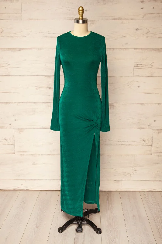 Midi dresses with ruched bodices for a feminine and fitted feelNogent | Green Long-Sleeved Dress w/ Slit