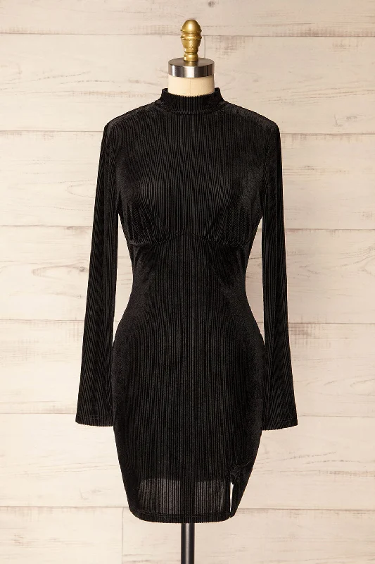 Midi dresses with bow accents for a sweet and charming lookOlmeto | Black Velvet Dress w/ High Collar