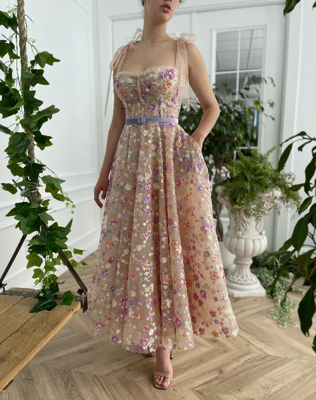 Midi dresses with V - necklines for a flattering and elongating effectOpalescent Floral Sequined Dress