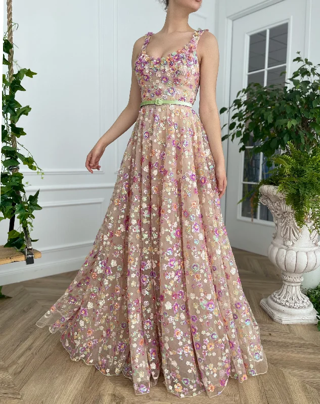 A - line midi dresses with floral prints for spring brunchesOpalescent Floral Sequined Gown