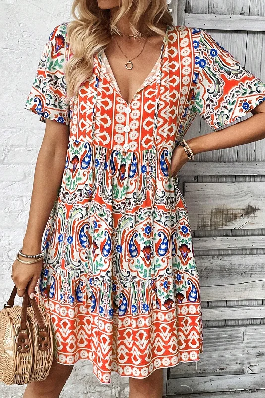 Midi dresses with cotton - blend materials for everyday comfortBoho Ruffle Split V-Neck Dress