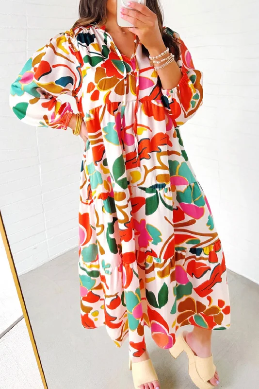 Maxi - inspired midi dresses with flowing fabrics for a beachy vibeFloral V-Neck Tiered Dress Plus Size