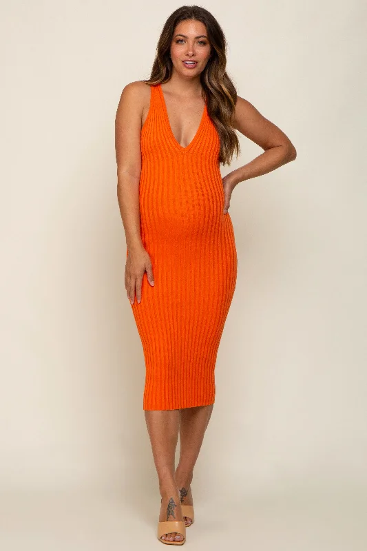 Midi dresses with bow accents for a sweet and charming lookOrange Ribbed Knit Fitted V-Neck Maternity Midi Dress