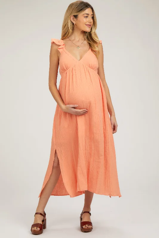 Midi dresses with ribbed textures for a unique and tactile appearanceOrange Ruffle Strap Maternity Midi Dress