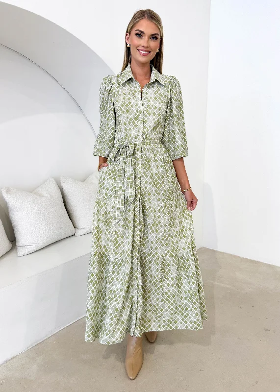 Midi dresses with empire waists for a flattering maternity optionPaisona Midi Dress - Olive Tile