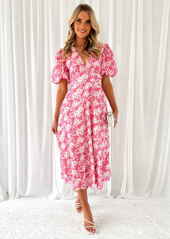 Midi dresses with V - necklines for a flattering and elongating effectPaver Midi Dress - Pink Floral