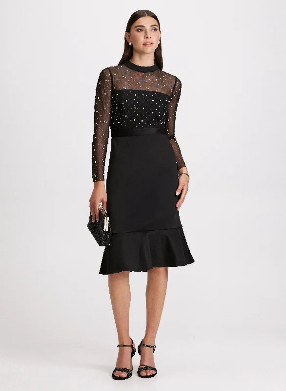 Midi dresses with puff sleeves for a vintage - inspired lookPearl Embellished Mesh Detail Dress