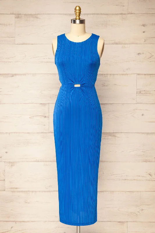 Midi dresses with gathered skirts for a full and flowing silhouettePenticton | Blue Fitted Midi Dress w/ Cut-Outs