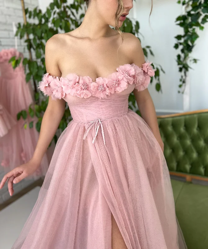 Sleeveless midi dresses with lace details for summer weddingsPeony Princess Off-shoulder Gown