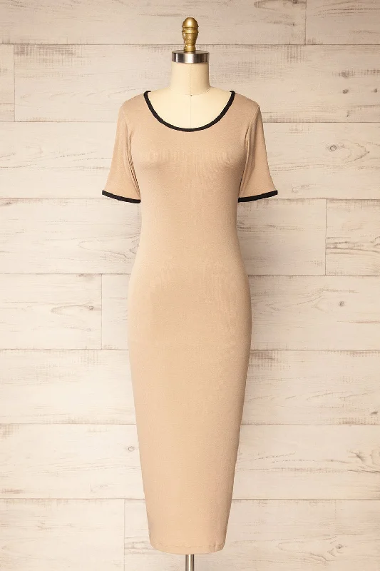 Midi dresses with V - necklines for a flattering and elongating effectPhloriane Beige | Ribbed Midi Dress w/ Black Trim