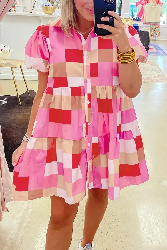 Sheath midi dresses with beaded embellishments for a formal occasionPlaid Puff Sleeve Tiered Dress