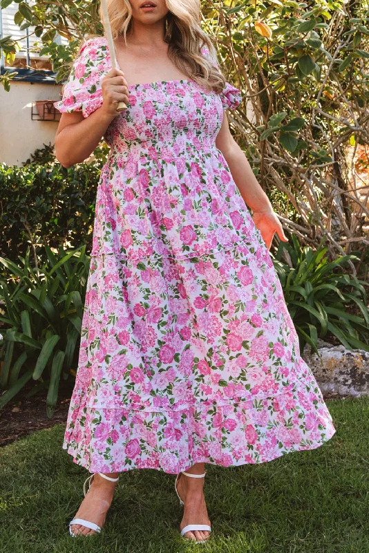 Midi dresses with one - shoulder designs for a modern and asymmetric styleFloral Smocked Puff Sleeve Dress Plus Size