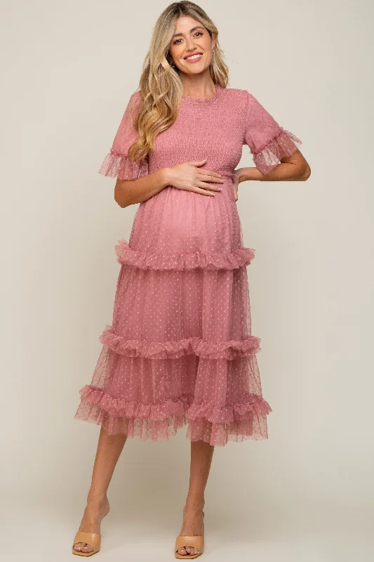 Midi dresses with one - shoulder designs for a modern and asymmetric stylePink Polka Dot Tulle Smocked Maternity Midi Dress