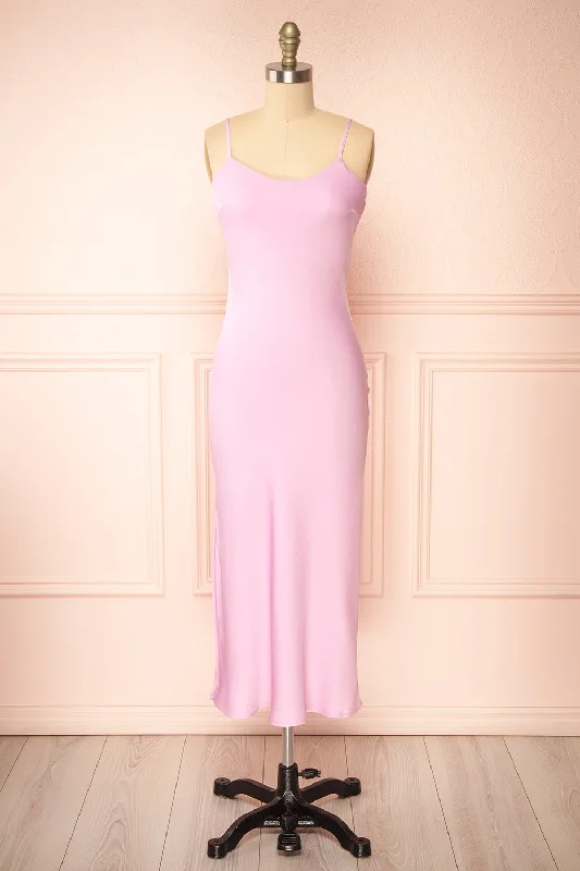 Midi dresses with polka dot prints for a playful summer outfitRebby Pink | Silky Fitted Midi Dress