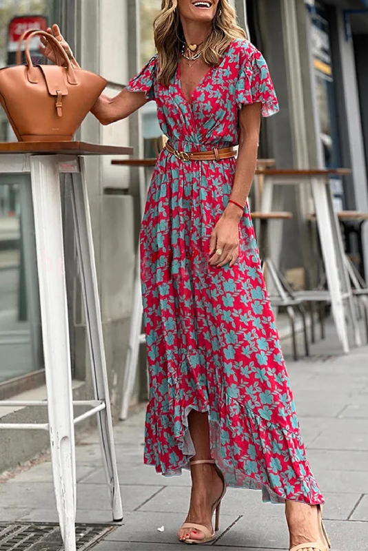 Midi dresses with patchwork patterns for a one - of - a - kind styleFloral Flutter Sleeve Maxi Dress