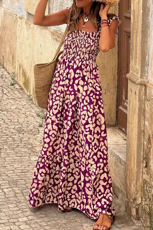 High - low midi dresses with geometric patterns for a modern partyLeopard Ruffle Straps Maxi Dress