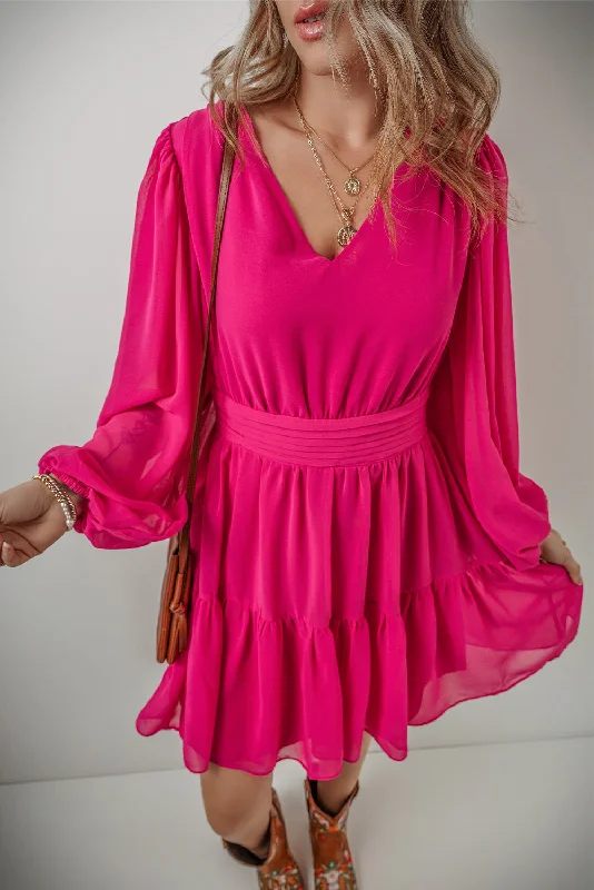 Midi dresses with lace - up fronts for a unique and adjustable stylePleated Puff Sleeve V-Neck Dress