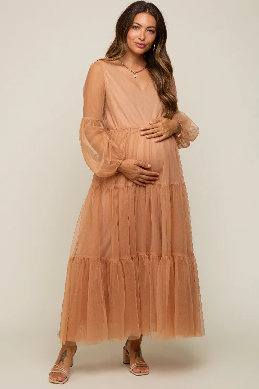 Sheath midi dresses with beaded embellishments for a formal occasionRust Mesh Overlay Tiered Maternity Maxi Dress