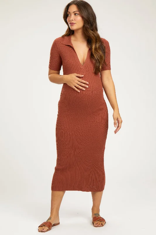 Midi dresses with abstract art prints for an artistic statementRust Ribbed Collared V-Neck Maternity Midi Dress